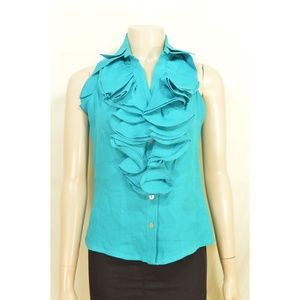 Ketty Tinoco top SZ 8 turquoise linen button front